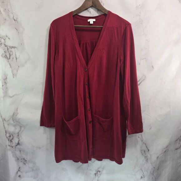 J Jill Cardigan Womens XL Red Button Up Sweater Stretch Lightweight V Pocket - Picture 1 of 10